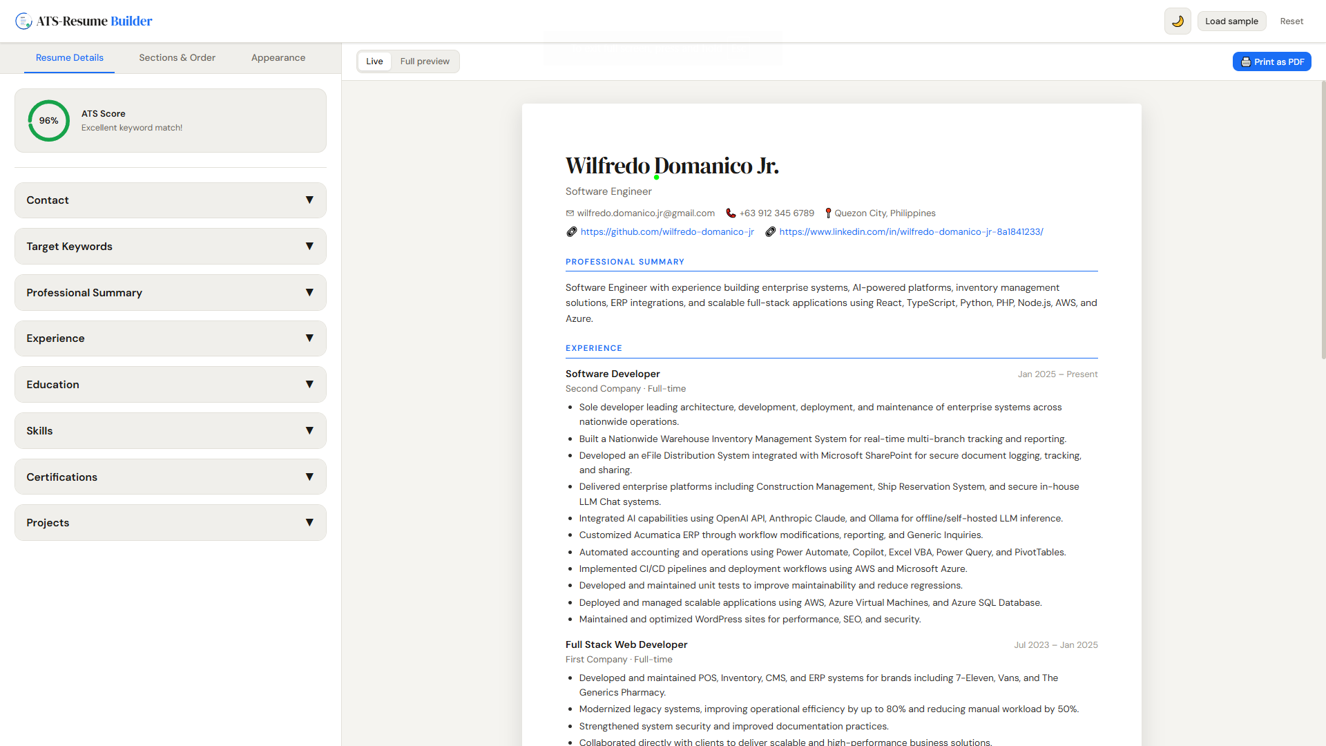 ATS Resume Builder Screenshot